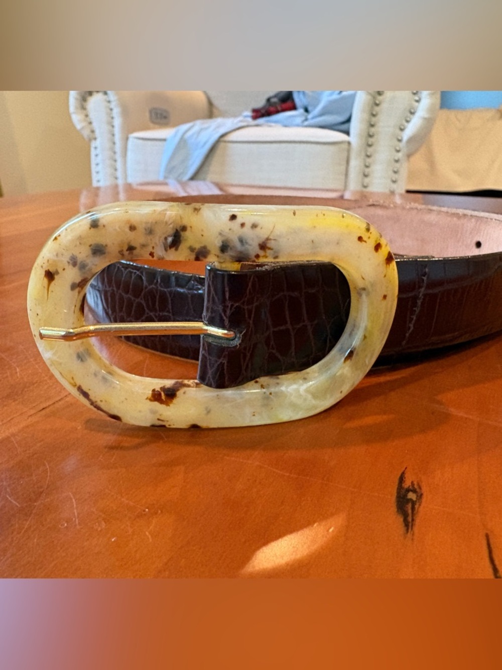Tanner Genuine Leather Brown Croc-Embossed Belt with Marbled Resin Buckle